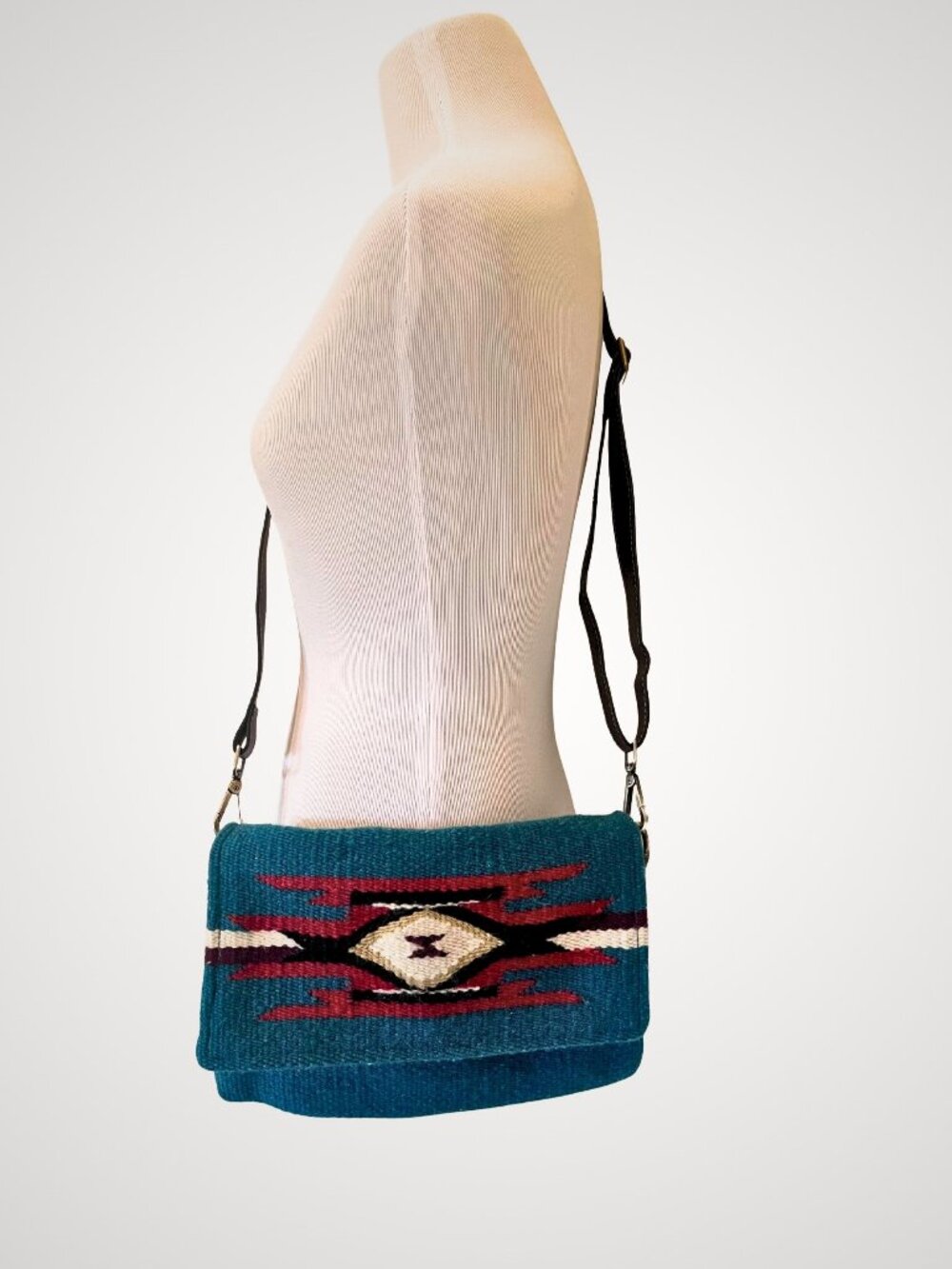 Aztec Western Southwest Tribal Turquoise Wool Blanket Purse Bag Fully Adjustable